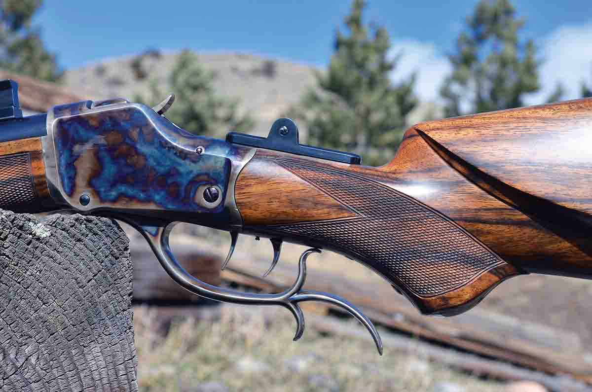 Ted Tompkins had his MVA High Wall action stocked with highly-figured English walnut and a color case-hardened action by Turnbull Restorations.